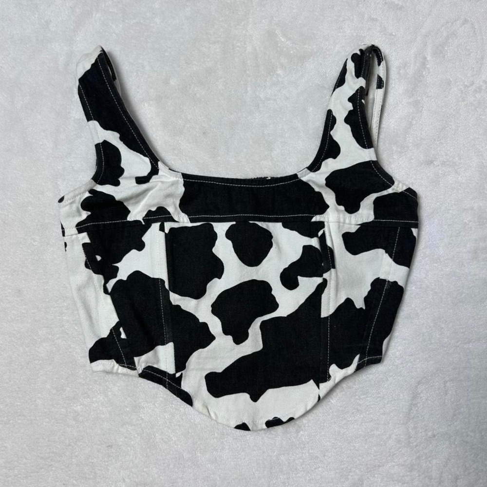 Lone Star Cow Print Corset Structured Denim Crop Top Womens small